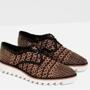 Zara Braided Leather Brown & Black Leather Bluchers Contrasting White Lo…